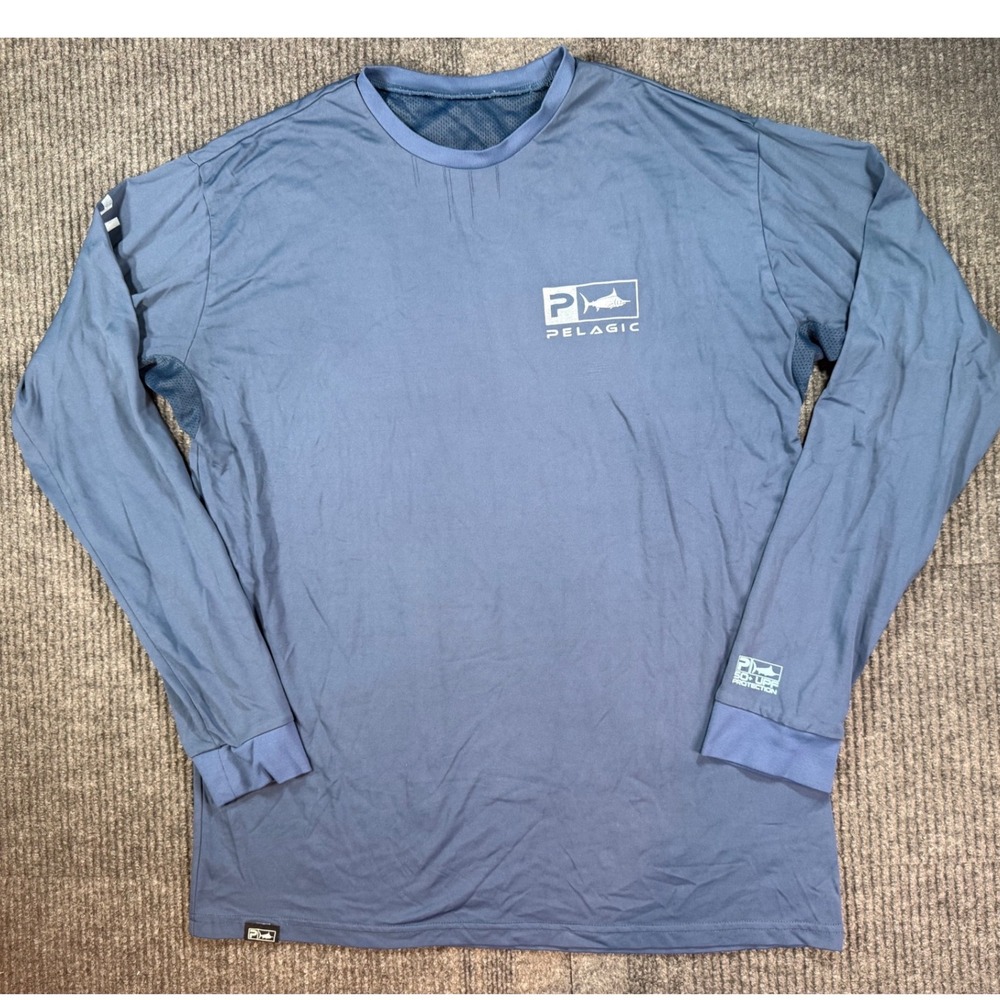 Pelagic Mens Fishing Shirt Blue Long Sleeve UPF 50 Performance Sun Shirt Medium